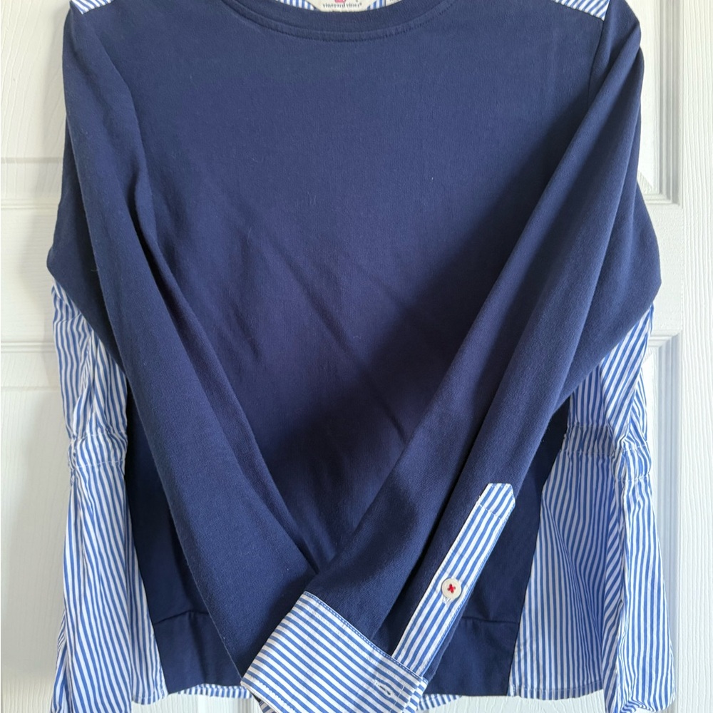 Vineyard vibes Navy Blue Striped Long Sleeve Top with tie back